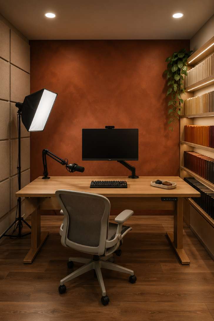 A basement content creator studio with limewash terracotta backdrop wall, softbox key light, acoustic panels, and a styled desk