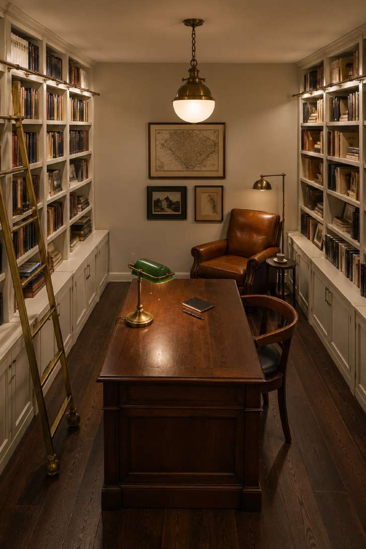A basement home library office with floor-to-ceiling white bookshelves, brass rolling ladder, walnut writing desk, and schoolhouse pendant