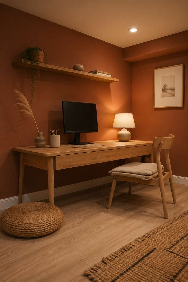 A Japandi-style basement corner office with warm clay walls, pale oak desk, wabi-sabi objects, and a single dried pampas stem