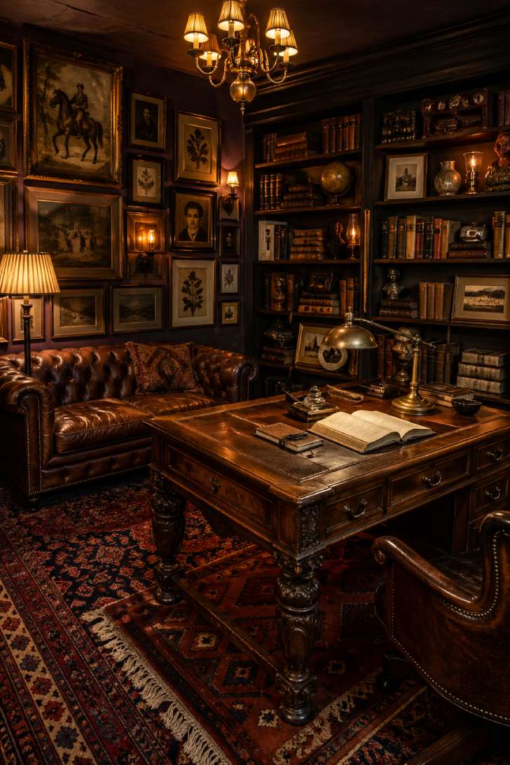 A maximalist basement study with deep plum limewash walls, floor-to-ceiling packed bookshelves, Persian rugs, and warm amber lighting