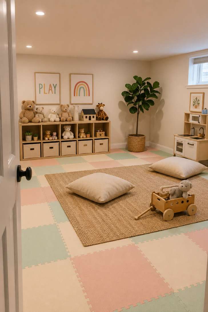 Pastel foam-tiled basement playroom with wooden storage cubes, linen floor cushions, and warm recessed lighting.