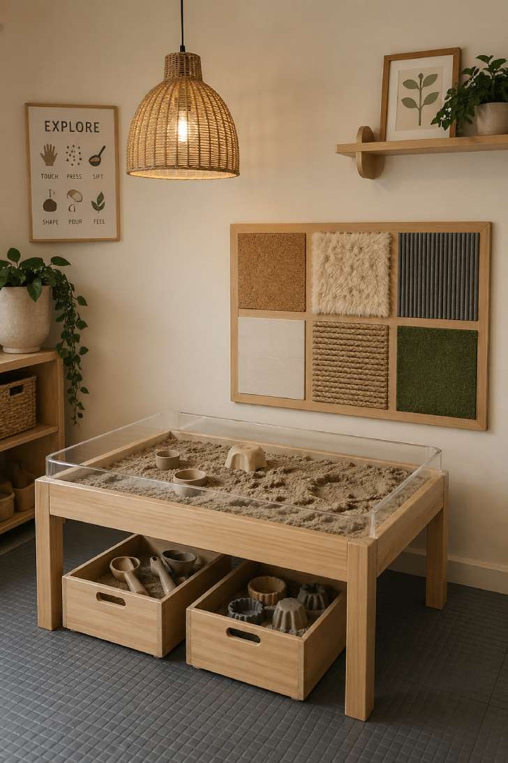 Sensory play corner with wooden sand table, textured wall panel, waterproof mat, and rattan pendant lighting.