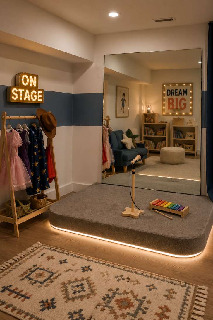 Basement playroom stage with gray felt platform, frameless mirror, costume rack, toy microphone, and warm LED strip lighting.