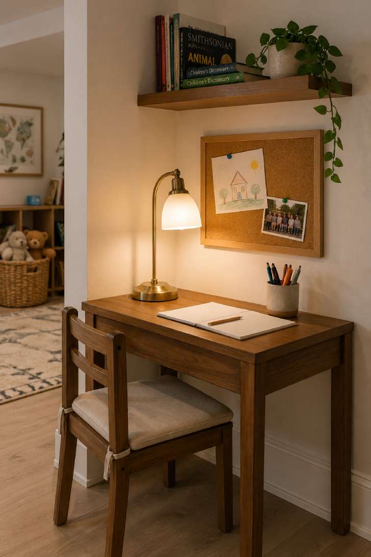 Basement homework nook with clean-lined wooden desk, brass task lamp, cork bulletin board, and trailing potted plant on a floating shelf.