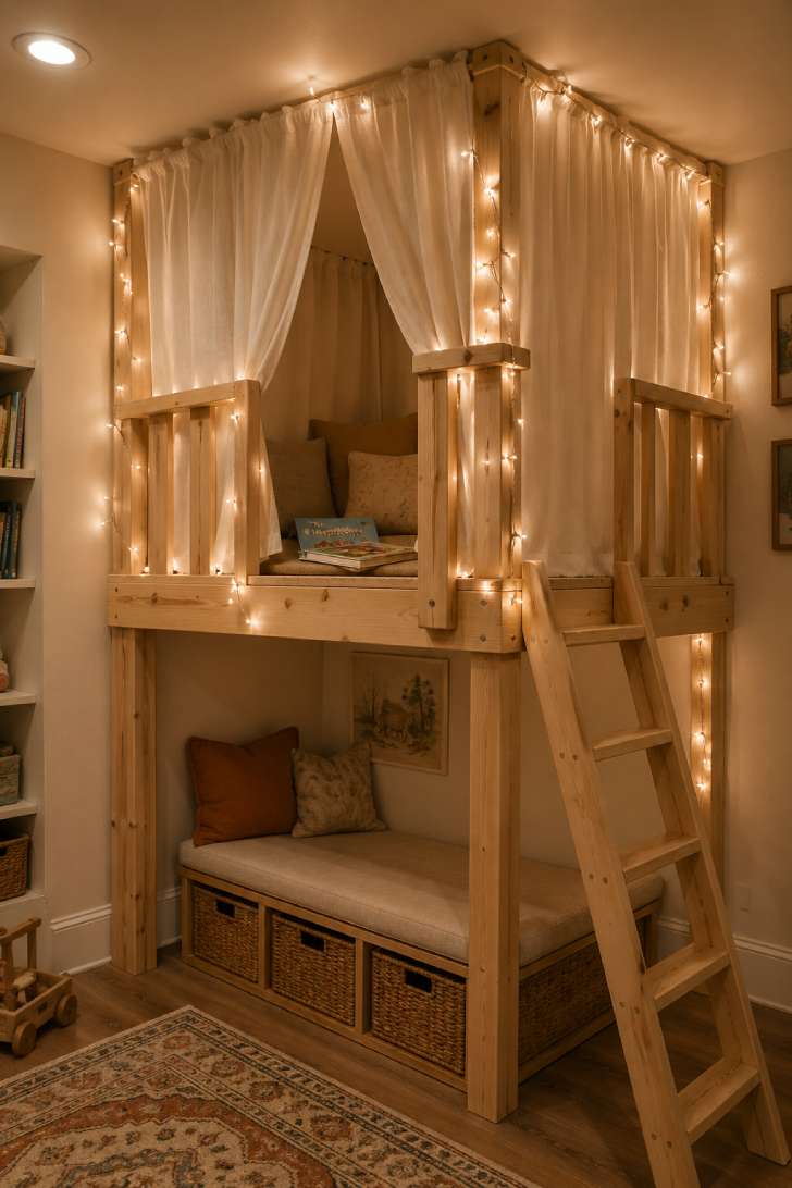 Indoor treehouse loft with pine wood structure, sheer white curtains, fairy lights on the railing, and cushioned bench below with woven storage baskets.