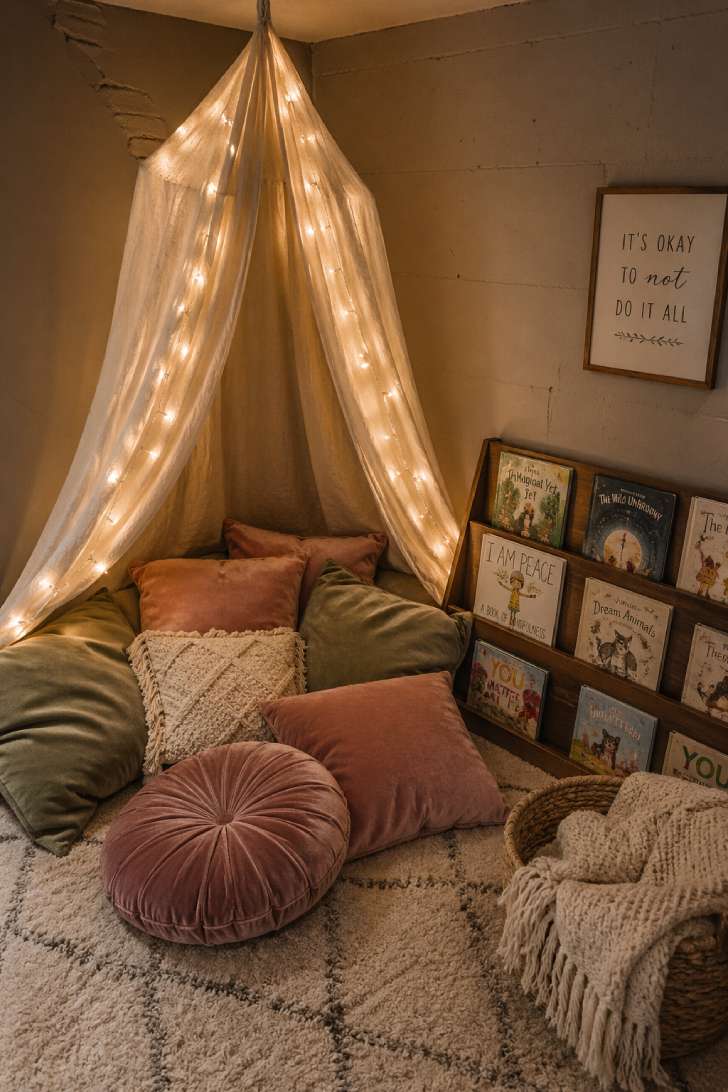 Cozy basement reading nook with ivory linen canopy, velvet floor cushions, low bookshelf, and warm fairy lights.