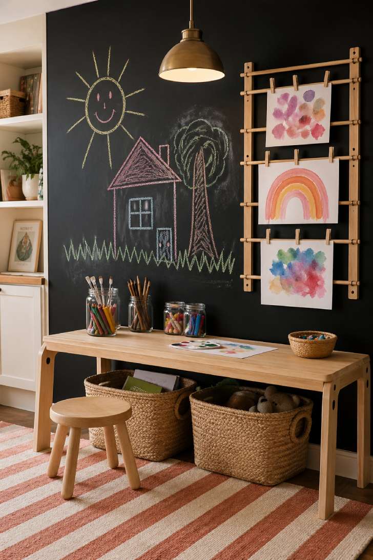 Basement art station with chalkboard accent wall, birch wood craft table, glass supply jars, and watercolor drying rack.