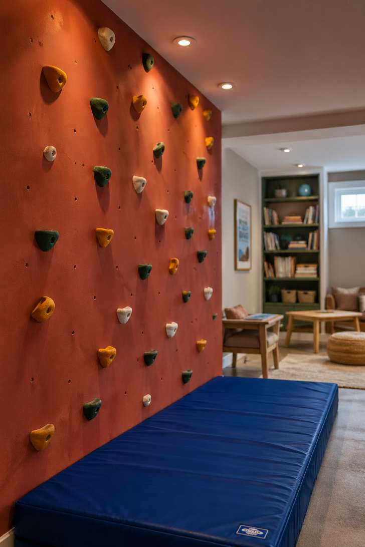 Terracotta basement climbing wall with colorful holds in mustard and forest green, royal blue crash mat below, and focused recessed lighting.