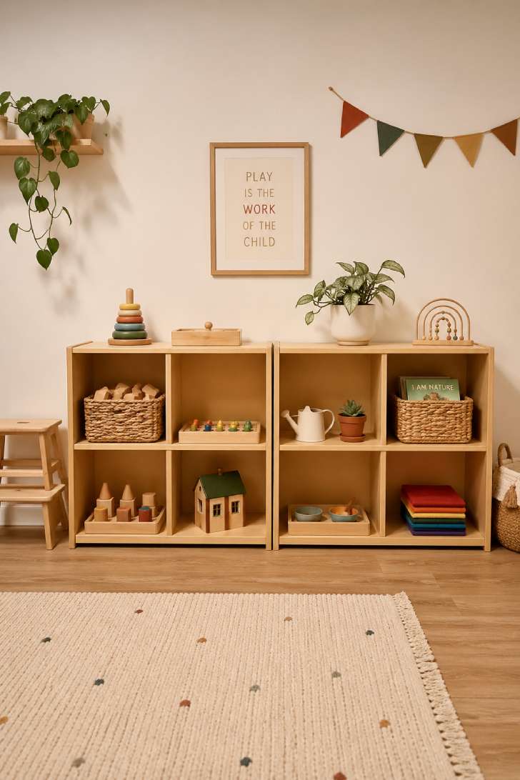 Montessori-style low wooden shelving with curated toy storage in woven baskets, set on light oak vinyl plank flooring.