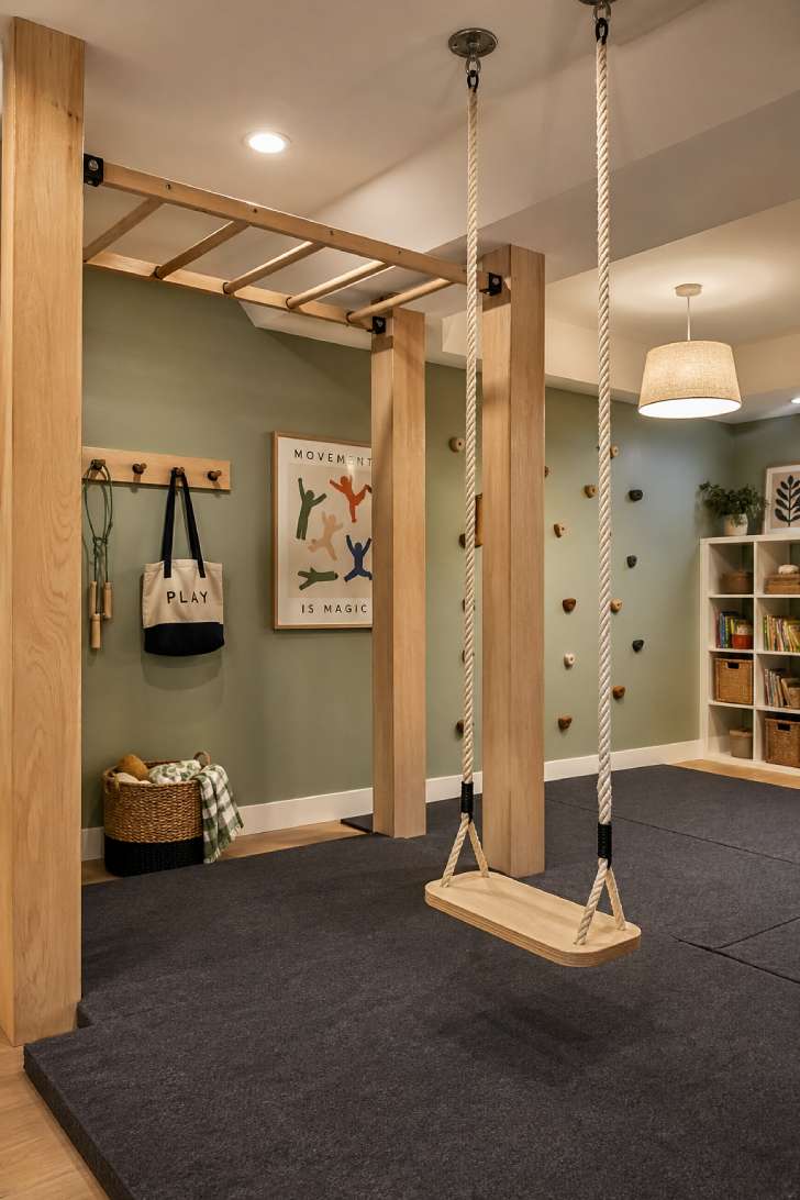 Basement swing and monkey bar zone with birch wood swing, charcoal crash mat, sage green walls, and Scandinavian-style lighting.