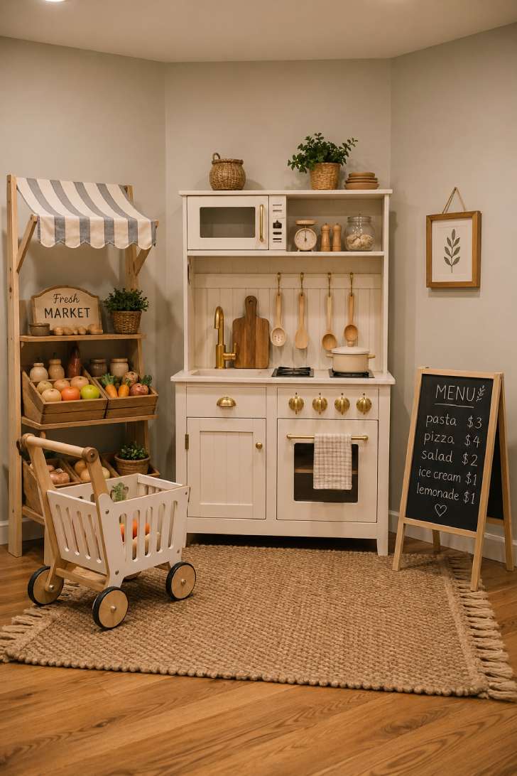 Wooden play kitchen and market stand with striped awning, miniature shopping cart, chalkboard menu, and warm honey-toned flooring.