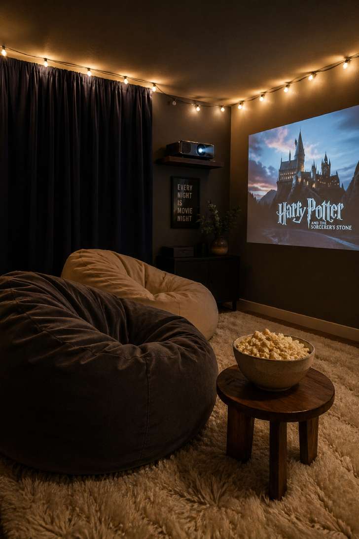 Basement movie corner with velvet bean bag chairs, shag rug, ceramic popcorn bowl, navy blackout curtain, and ceiling-mounted projector.