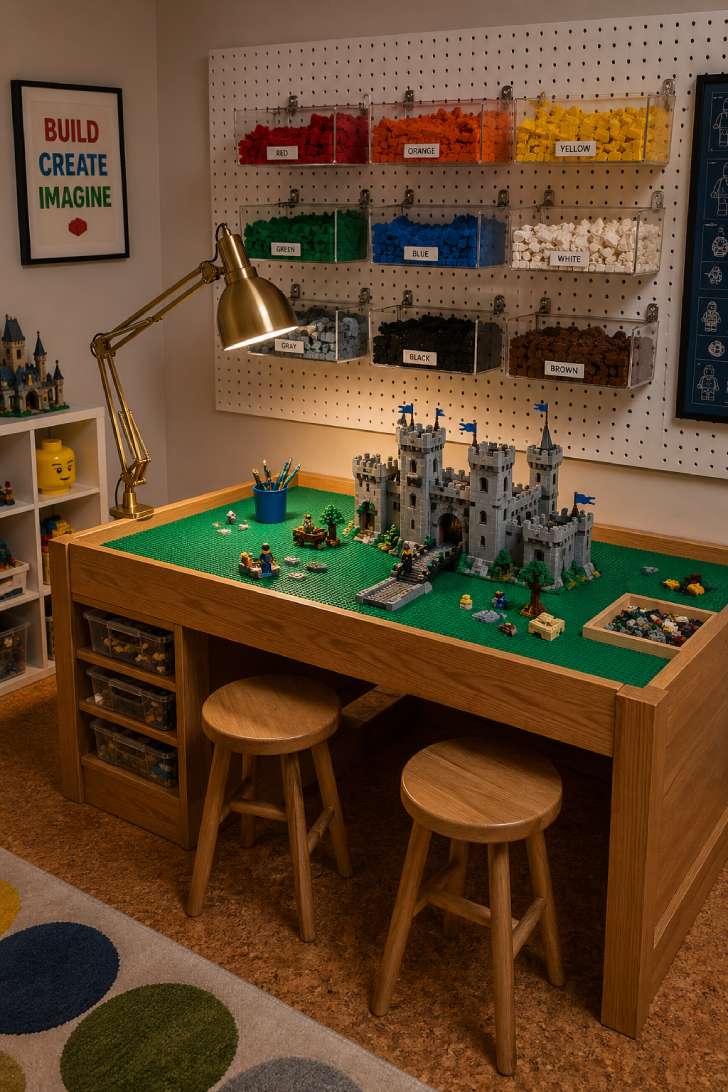 LEGO building station with green baseplate table, pegboard-mounted sorted brick bins, brass task lamp, and cork flooring.