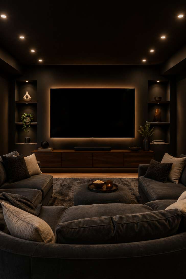 Alt text: Dark charcoal basement TV room with velvet sectional and warm LED bias lighting behind mounted television