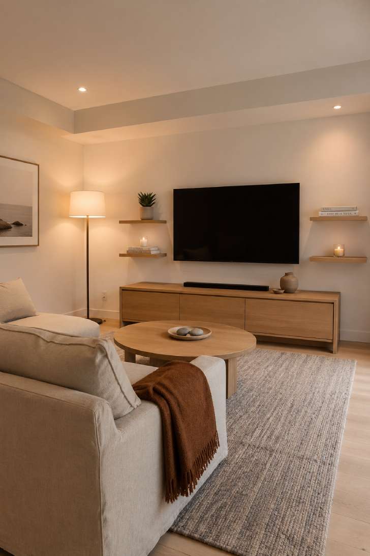 Scandinavian basement TV room with blonde hardwood floors, natural birch media console, and linen sofa in soft off-white