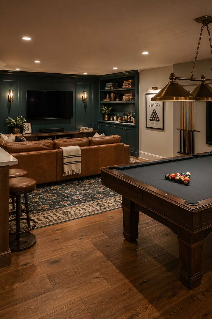 Multi-use basement recreation room with pool table, dark teal TV wall, aged brass sconces and caramel sectional