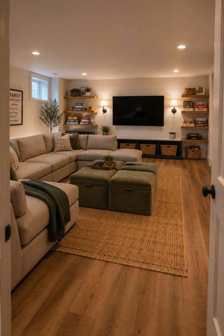 Casual basement family room with greige L-shaped sectional, storage ottomans, and shiplap TV wall