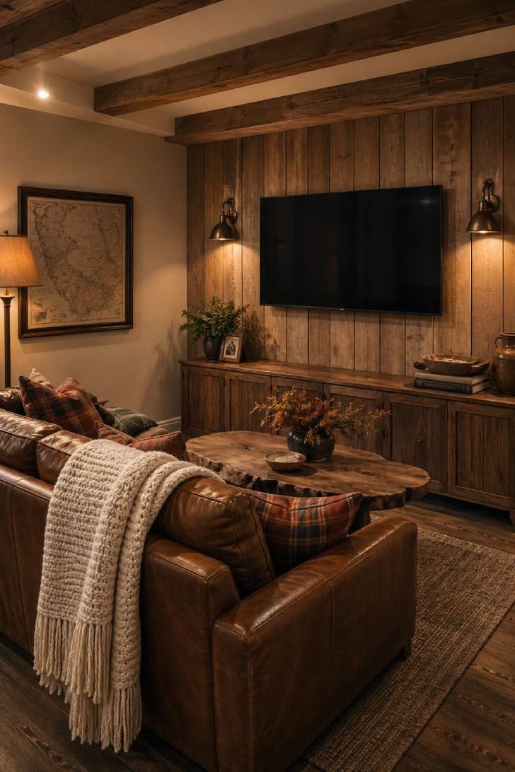 Rustic basement TV room with wood shiplap feature wall, cognac leather sofa, and aged brass sconces