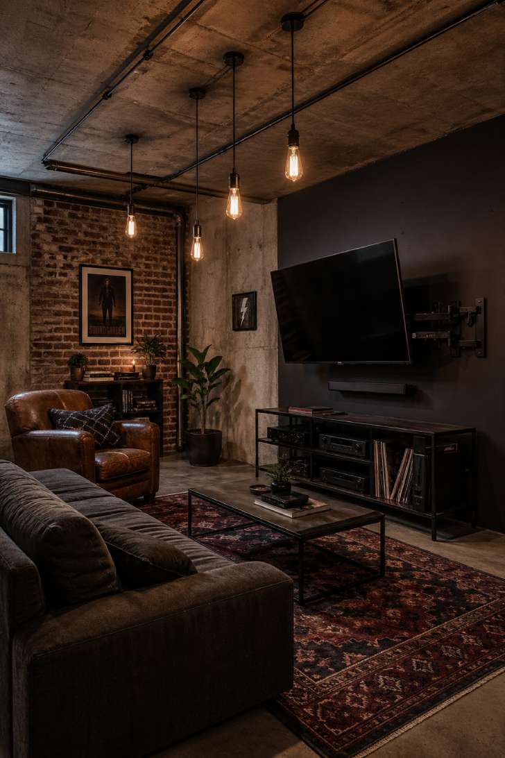 Industrial basement TV room with exposed concrete ceiling, Edison bulb pendants and dark graphite TV wall
