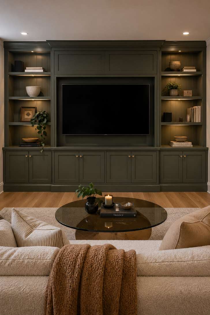 Basement entertainment room with floor-to-ceiling sage green built-in cabinetry, framed TV and boucle sofa
