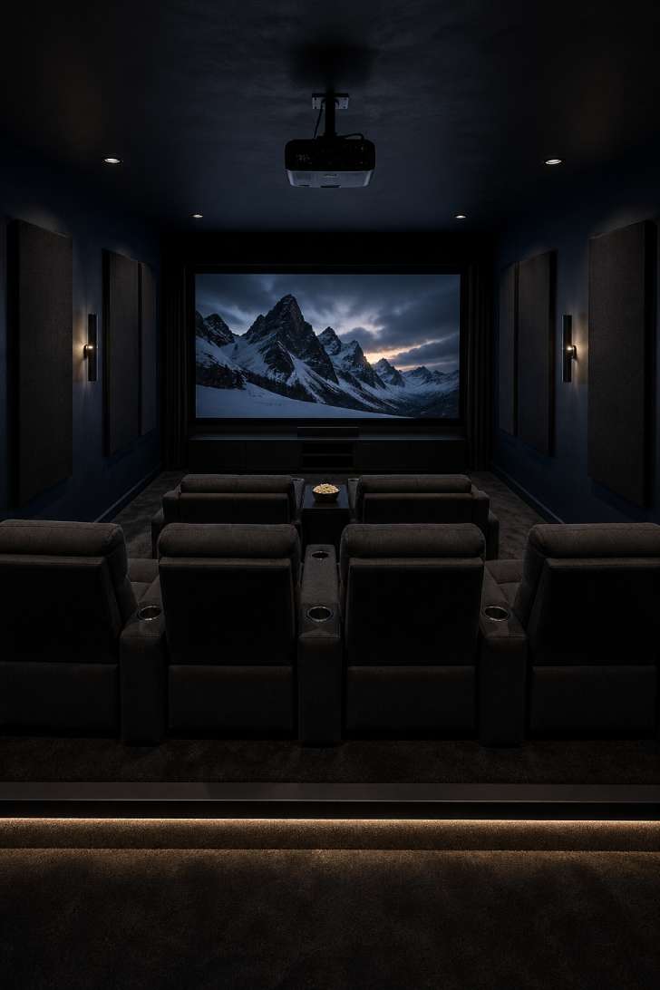 Two-tier basement home theater with recliner seating, projection screen and acoustic wall panels