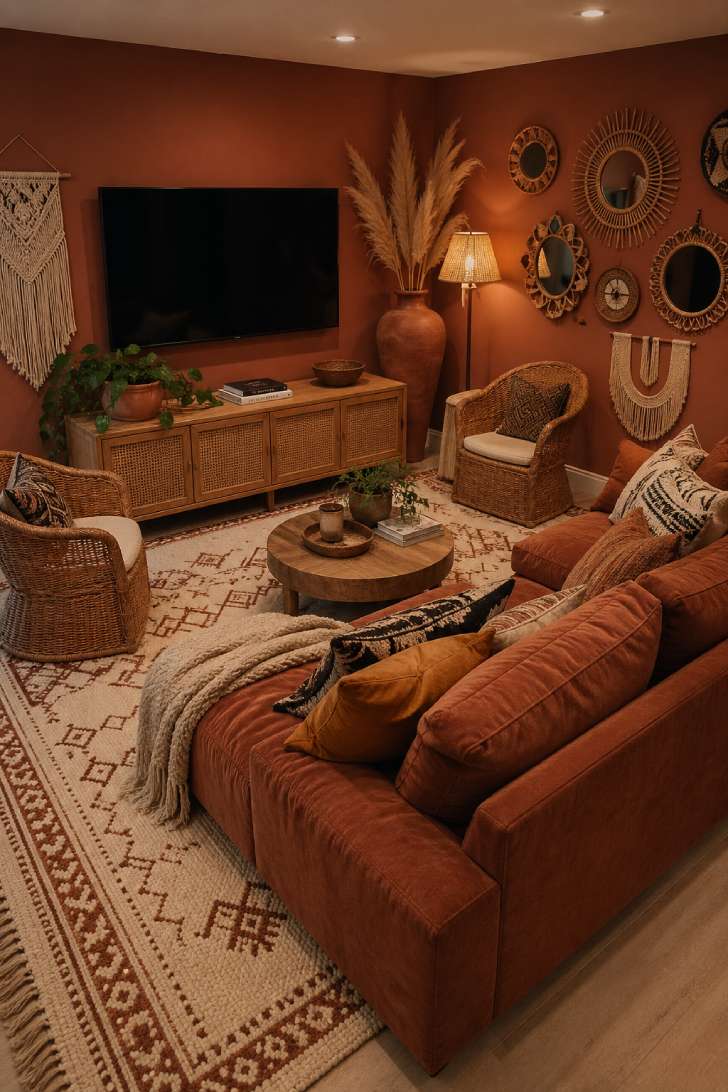 Bohemian basement TV room with terracotta walls, rattan console, rust linen sofa and gallery wall of woven textiles