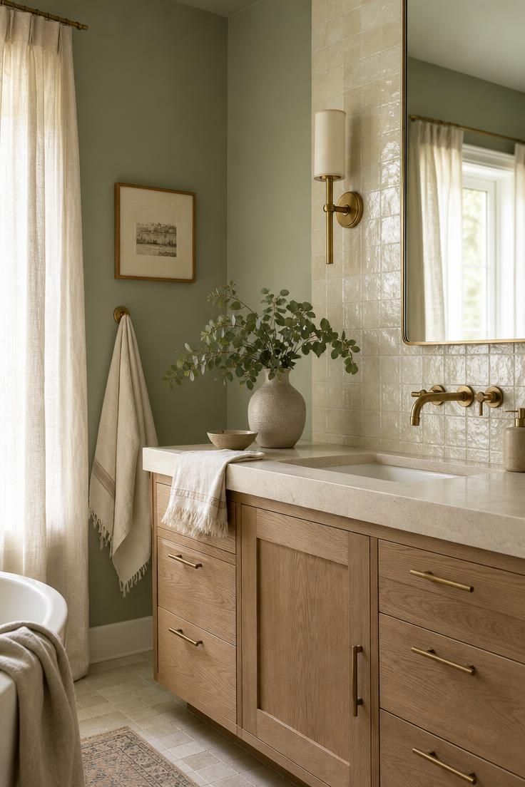 Sage green bathroom with white oak vanity and cream zellige tile backsplash.