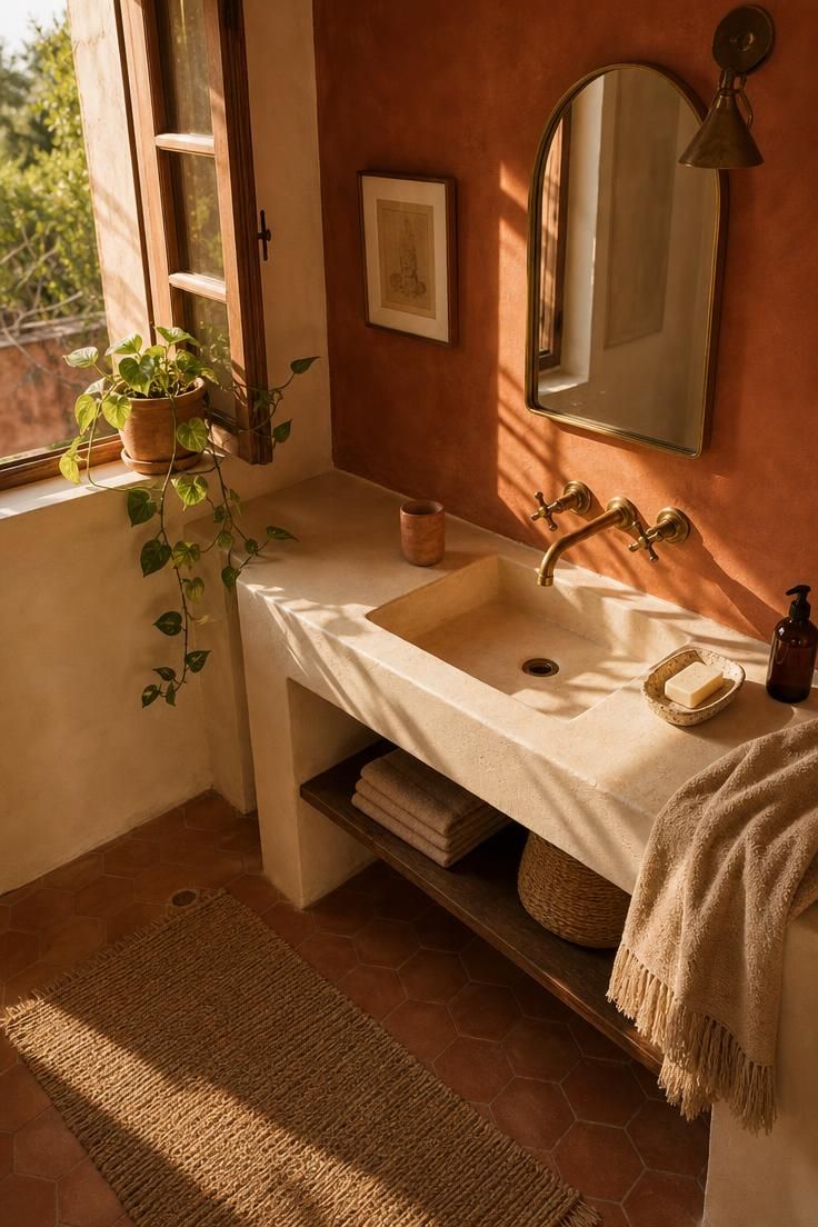 Terracotta and cream bathroom with warm brass fixtures and earthy accents.