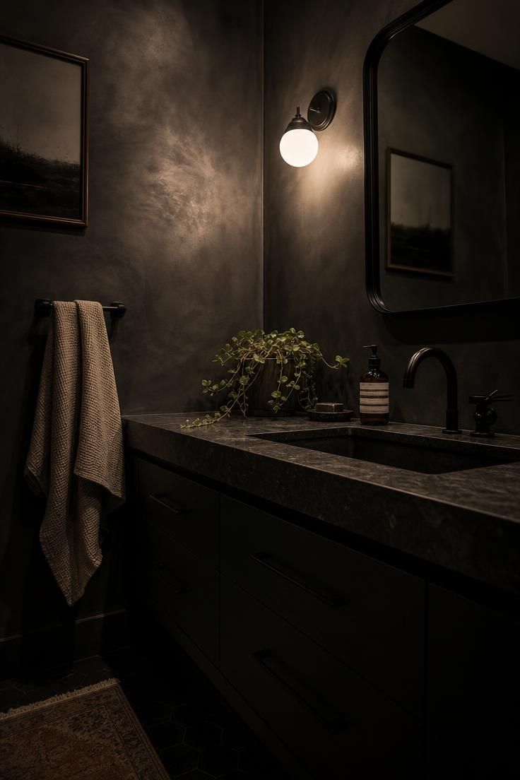 Moody charcoal limewash bathroom with matte black hardware and warm lighting.