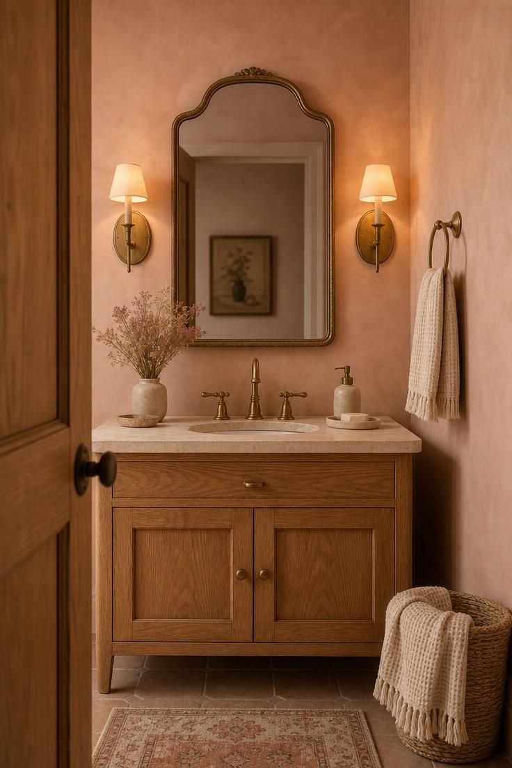 Blush pink powder room with honey oak vanity and aged brass sconces.