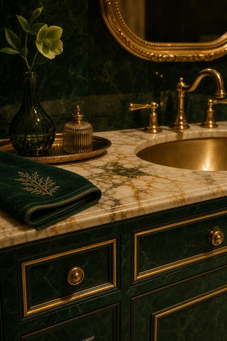Emerald green vanity with veined cream marble and gold trim.