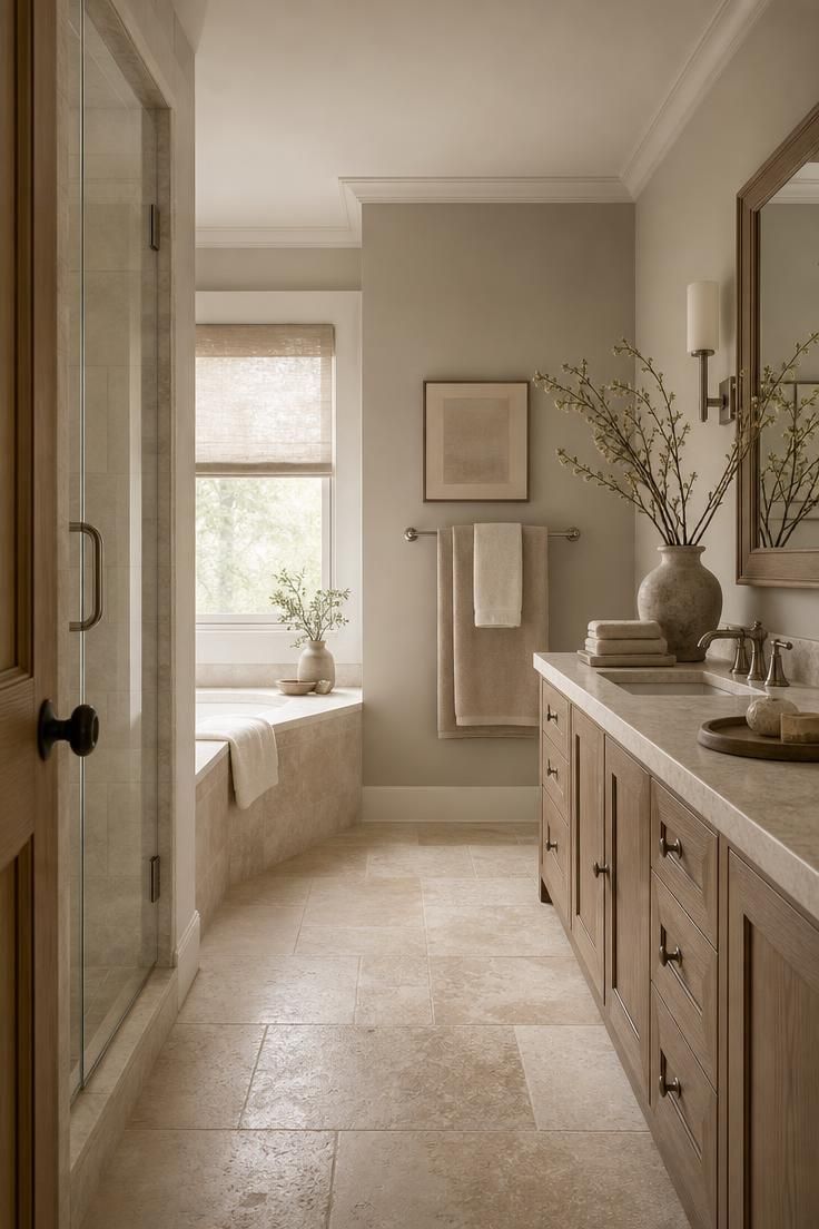Soft greige bathroom with travertine tile and warm nickel fixtures.