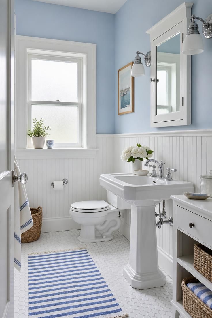 Pale blue coastal bathroom with white beadboard and polished chrome.