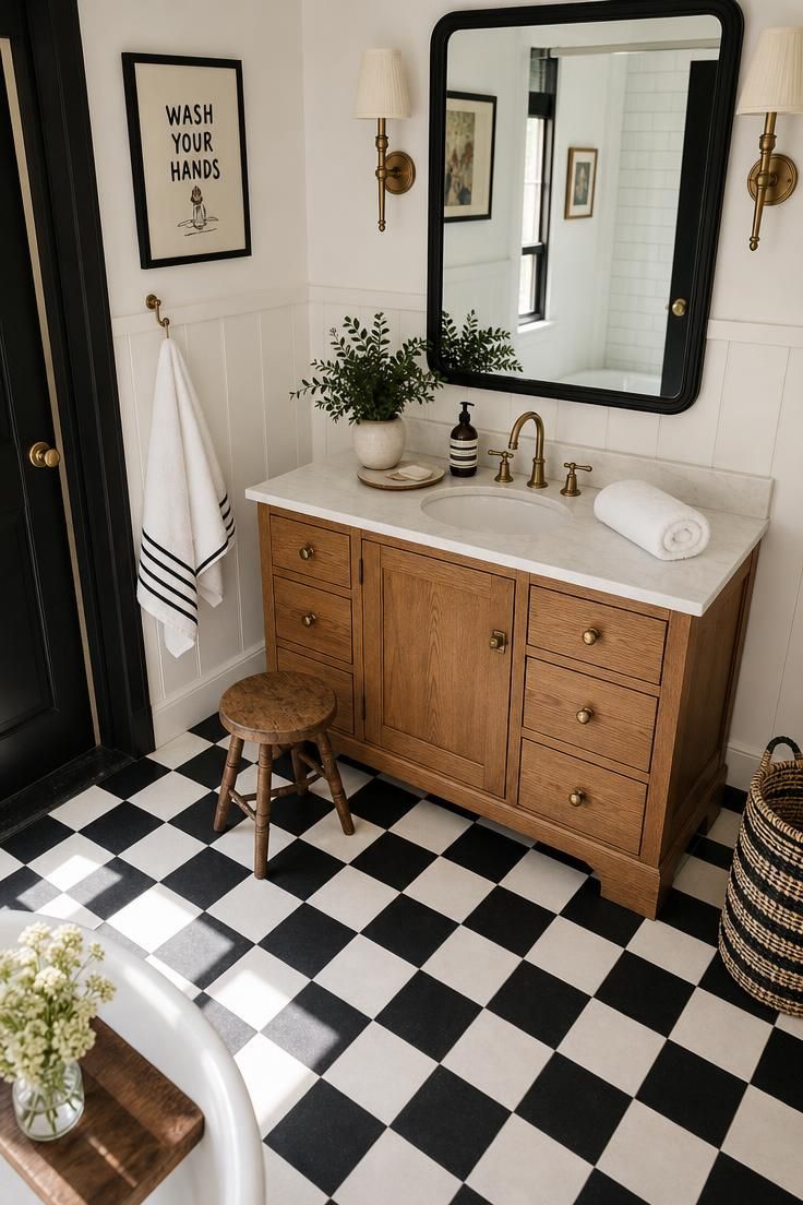 Black and white checkerboard bathroom floor with a warm oak vanity.