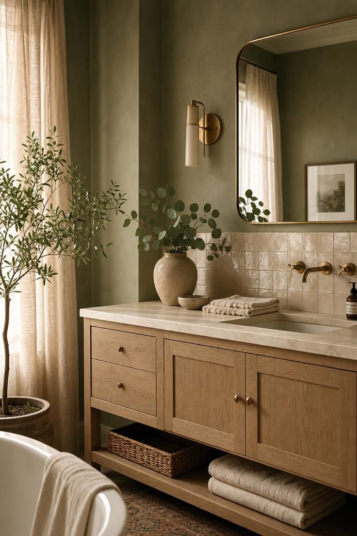 Simple Spaces 18 Cozy sage green bathroom with white oak vanity, cream zellige tile, and brushed brass fixtures in soft golden light.