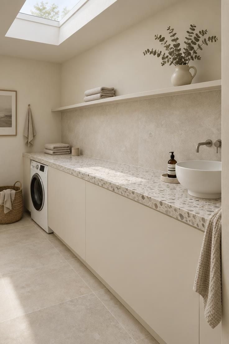 A long pale terrazzo counter runs from a vessel basin to a washer recessed under the far end, with a floating shelf of folded towels above.