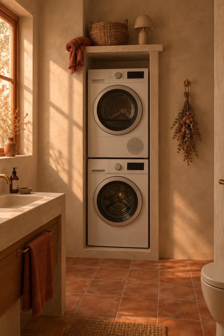 A stacked washer and dryer sit inside a plaster-framed niche topped by a narrow shelf with a basket and small lamp.