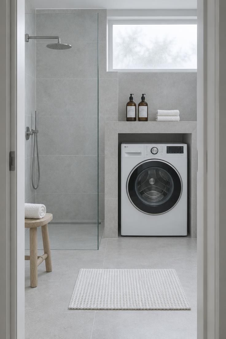 A washer sits in a tiled niche beside a glass shower panel, with the same large-format tile across both zones.