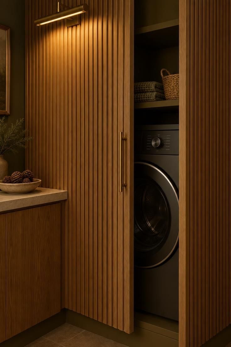 A half-open fluted oak cabinet door reveals a washer inside a fitted bay painted in a deeper tone.