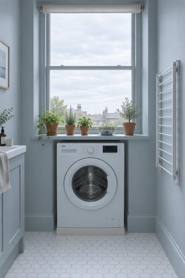 A washer sits centered under a tall window with a deep plant-filled sill, a folding drying rack on the adjacent wall.