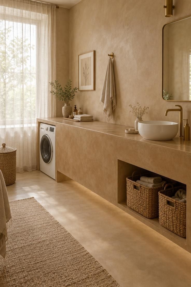 A warm tadelakt platform runs along one wall with a washer at one end and a vessel basin at the other.