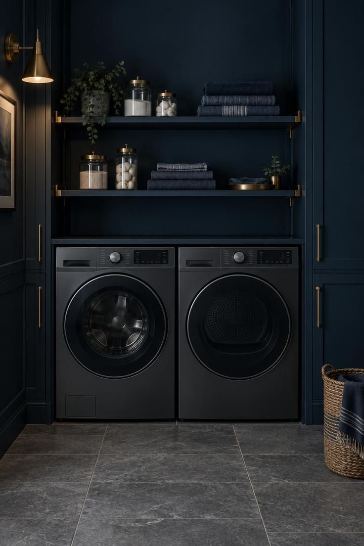 A deep ink-blue laundry wall with dark graphite machines, brass-bracketed shelves, and glass jars of detergent above.