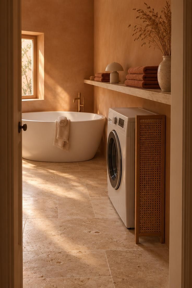 A washer fills the gap beside a freestanding bath end, with a narrow towel shelf running the length of the wall above.