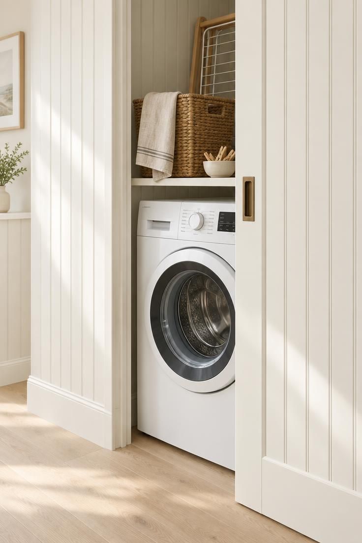 A beadboard alcove with a pocket door sliding open to show a washer and a shelf holding a basket and drying rack.