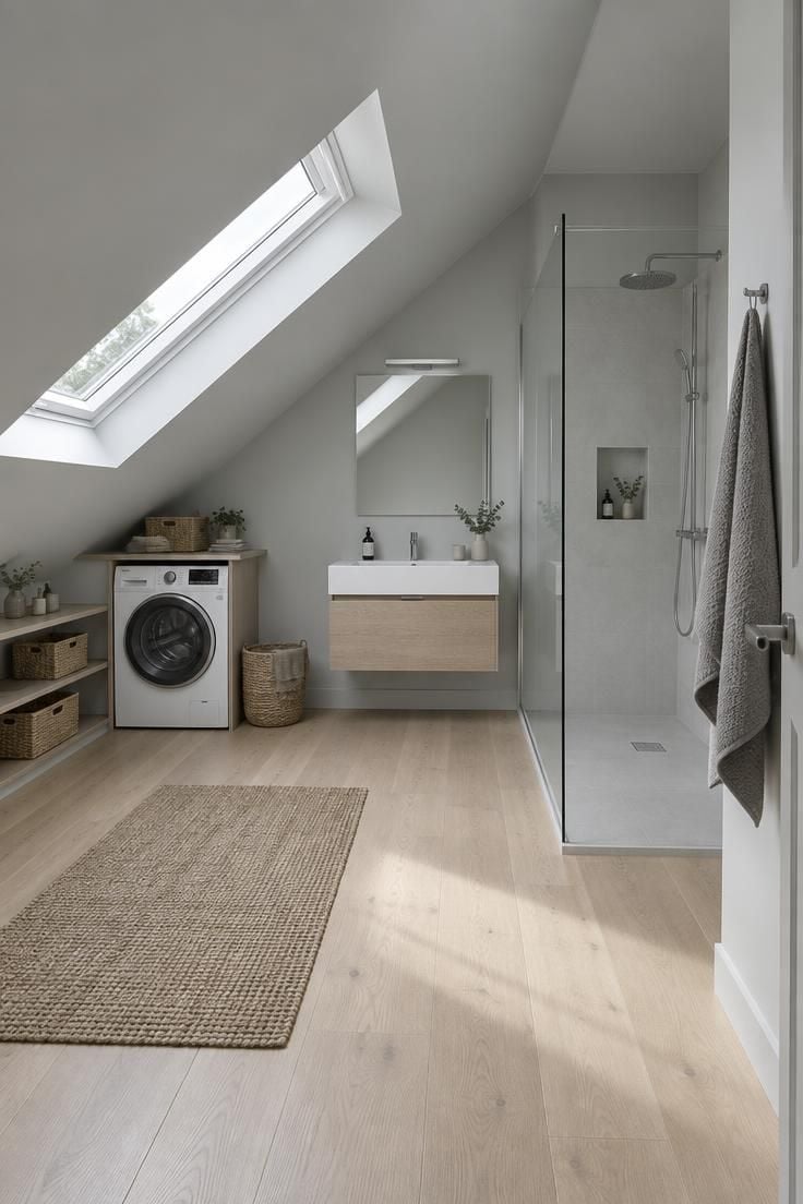 A washer sits in the low zone under a sloped attic ceiling, with the basin and shower in the taller area.