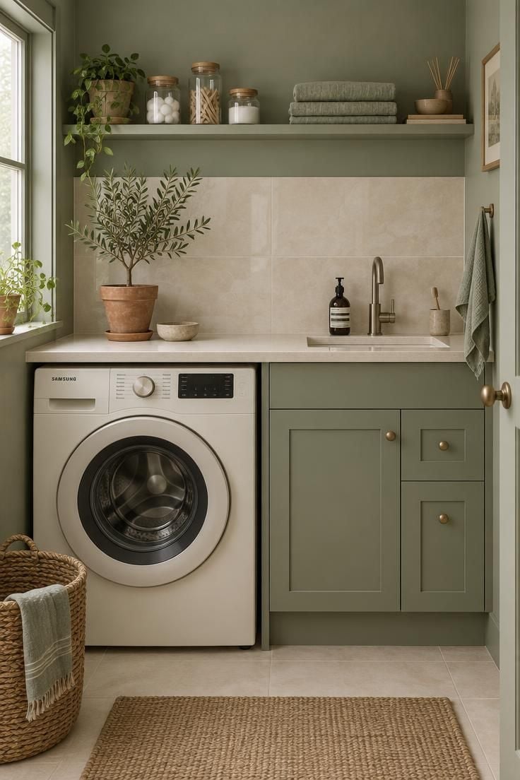 A washer in a cream finish sits beside a matching vanity under a shared counter in a sage-green bathroom.
