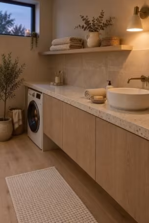 A cozy bathroom at dusk with a washer recessed under a pale terrazzo counter, a vessel basin at the other end, and a shelf of folded towels and dried eucalyptus above.