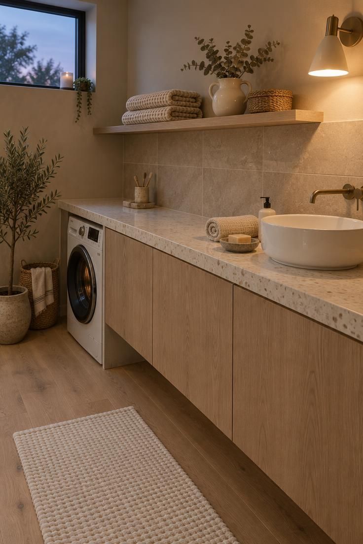 A cozy bathroom at dusk with a washer recessed under a pale terrazzo counter, a vessel basin at the other end, and a shelf of folded towels and dried eucalyptus above.