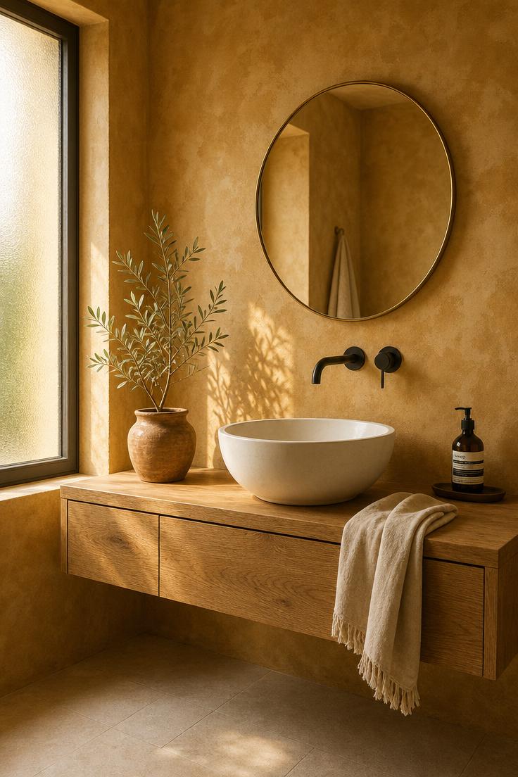 Warm ochre limewash plaster wall behind a floating oak vanity with vessel sink and brass-rimmed mirror
