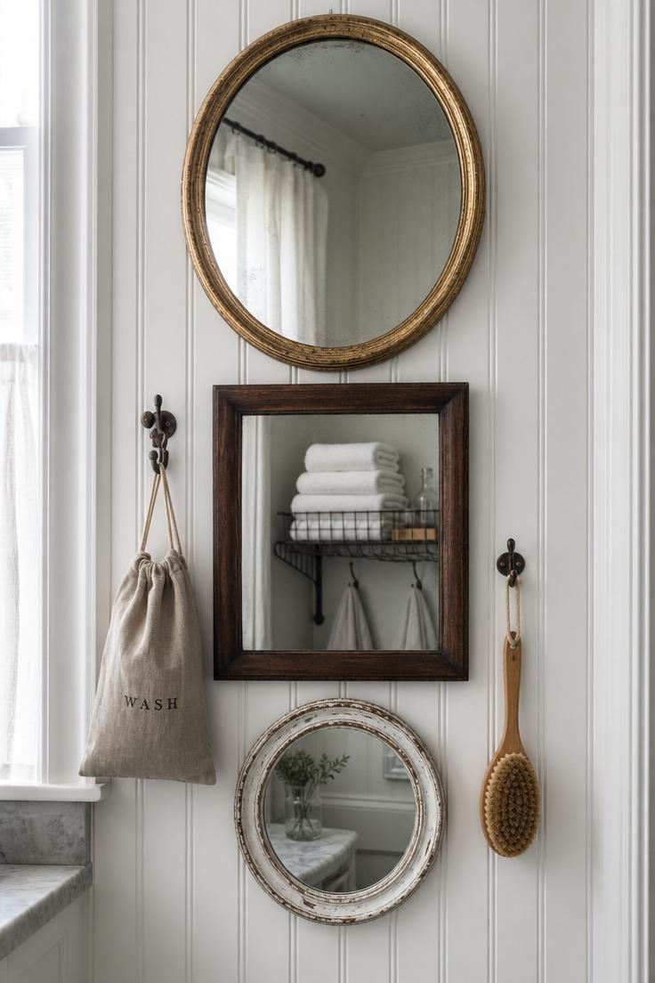 Three mismatched vintage mirrors arranged vertically on white beadboard bathroom wall